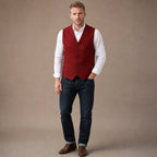 Herringbone Tweed Waistcoat Adjustable Back Strap Red – Full Look