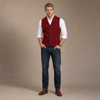 Herringbone Tweed Waistcoat Adjustable Back Strap Red – Full Look
