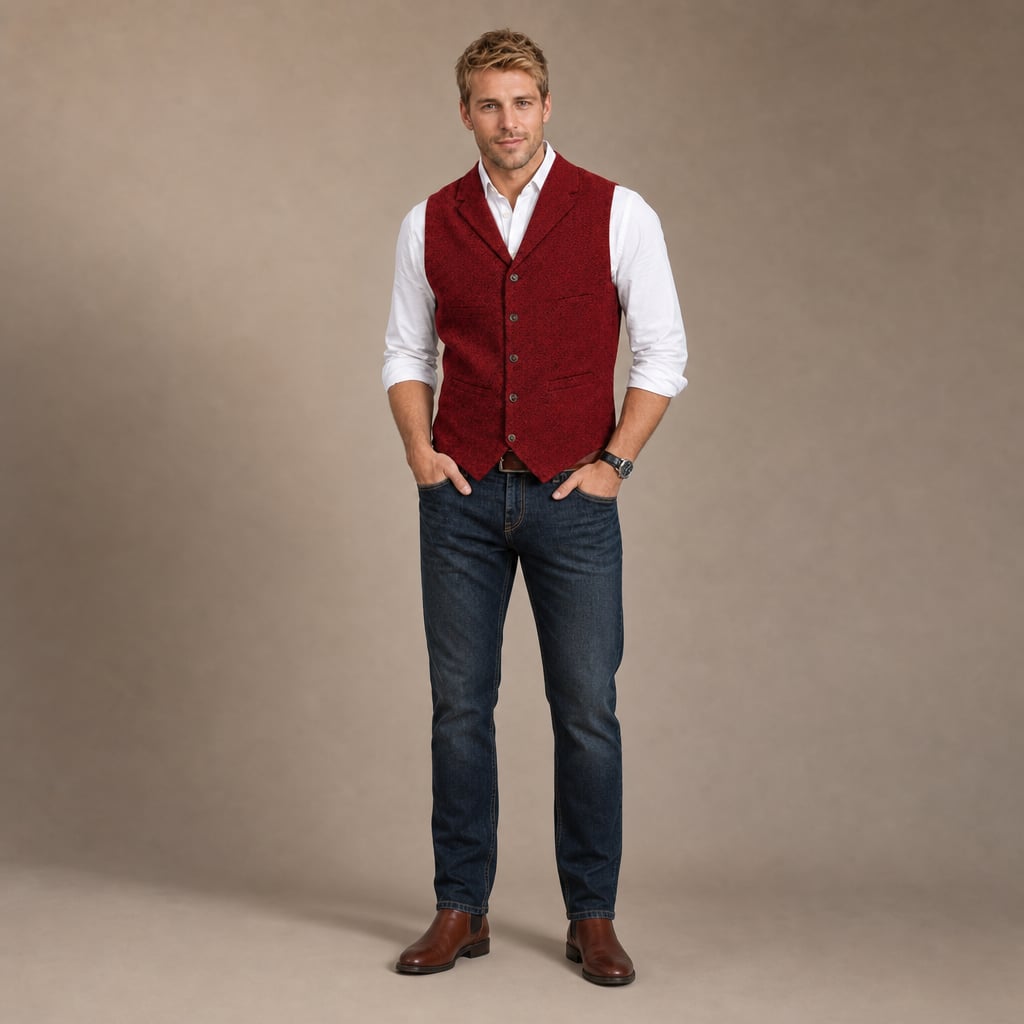 Herringbone Tweed Waistcoat Adjustable Back Strap Red – Full Look
