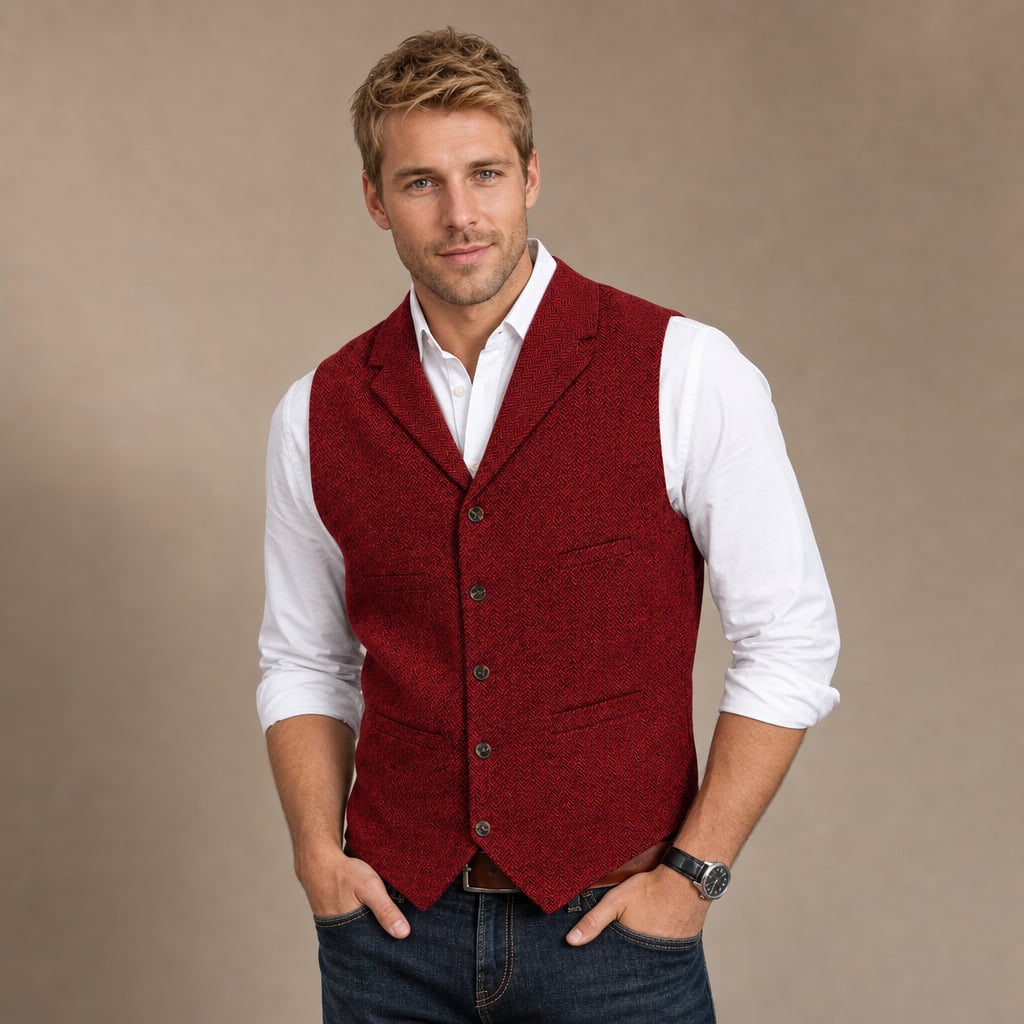 Herringbone Tweed Waistcoat Adjustable Back Strap Red – Product Photo