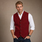 Herringbone Tweed Waistcoat Adjustable Back Strap Red – Product Photo