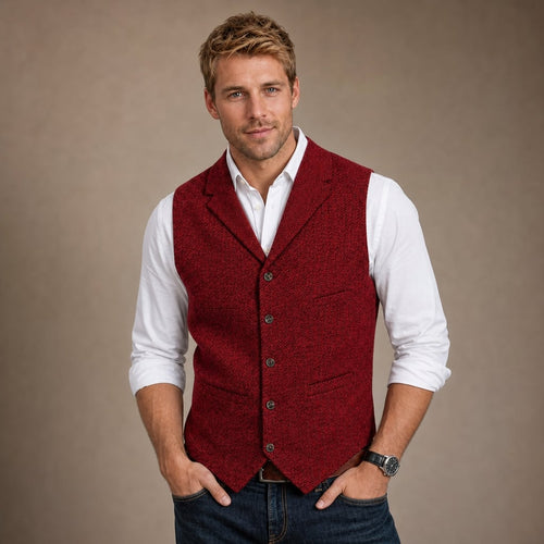 Herringbone Tweed Waistcoat Adjustable Back Strap Red – Product Photo