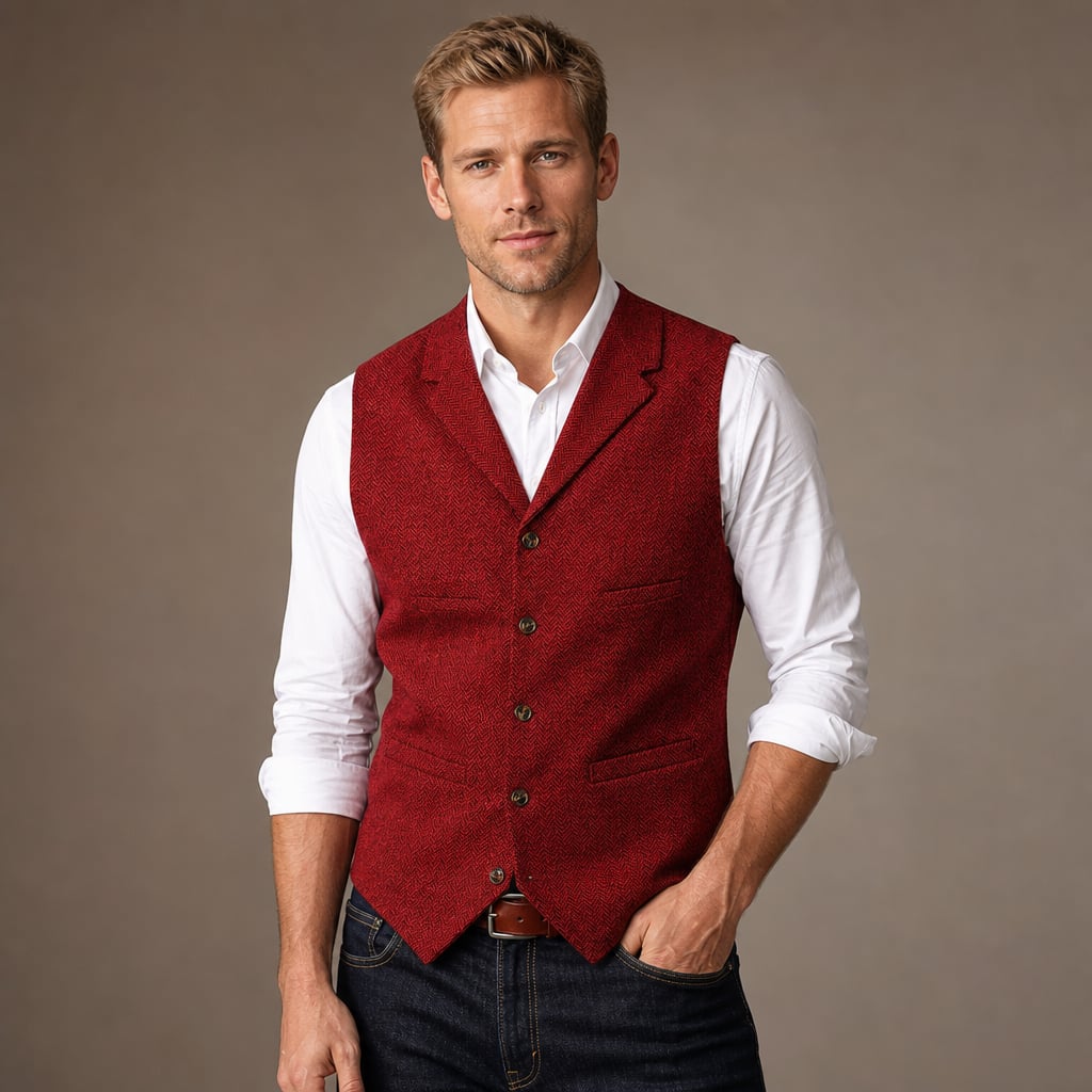 Herringbone Tweed Waistcoat Adjustable Back Strap in Red – Tarlano Premium Menswear