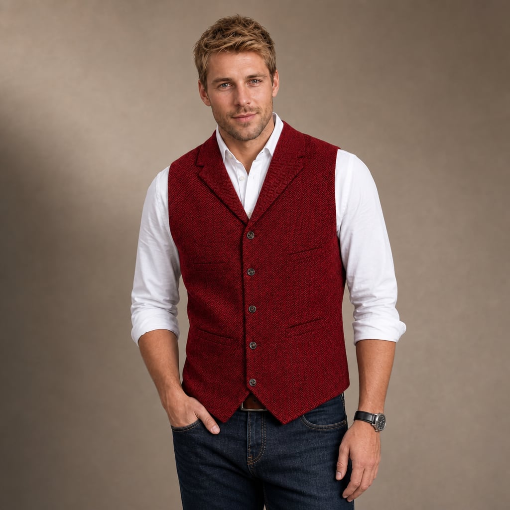 Herringbone Tweed Waistcoat Adjustable Back Strap in Red – Tarlano Premium Menswear