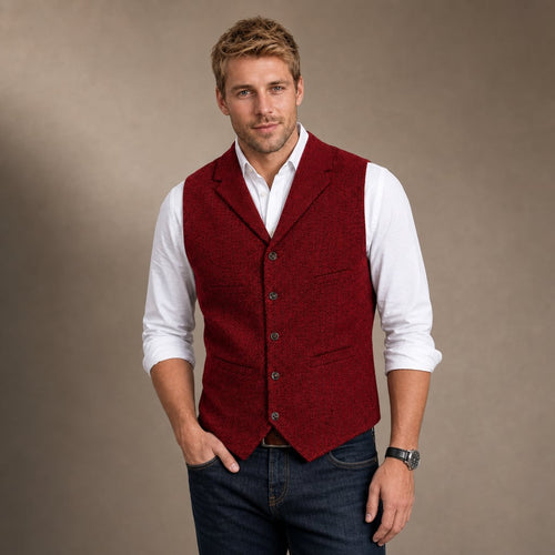 Herringbone Tweed Waistcoat Adjustable Back Strap in Red – Tarlano Premium Menswear