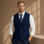 Herringbone Waistcoat Tailored Lapel Chain Detail Blue – Product Photo