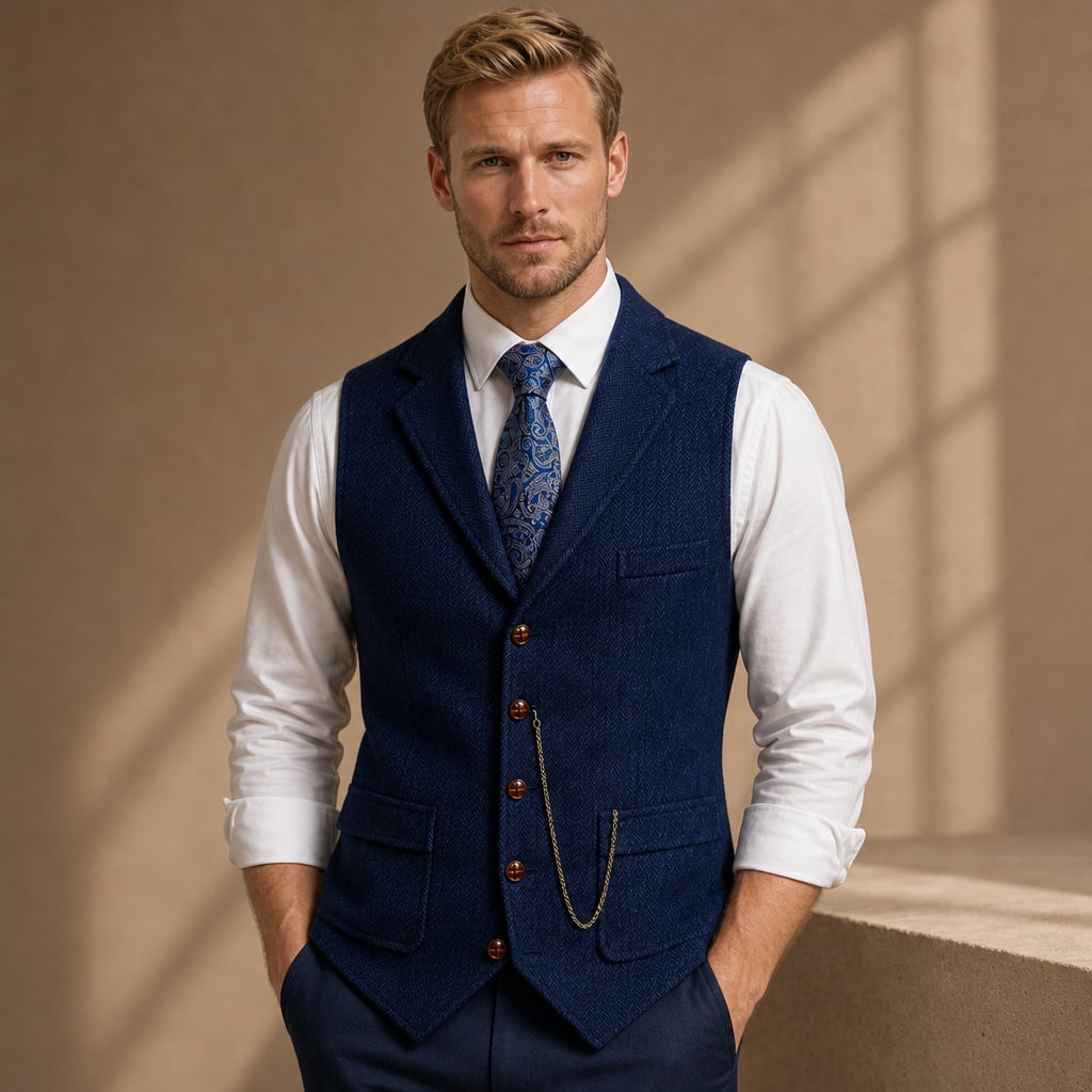 Herringbone Waistcoat Tailored Lapel Chain Detail Blue – Product Photo