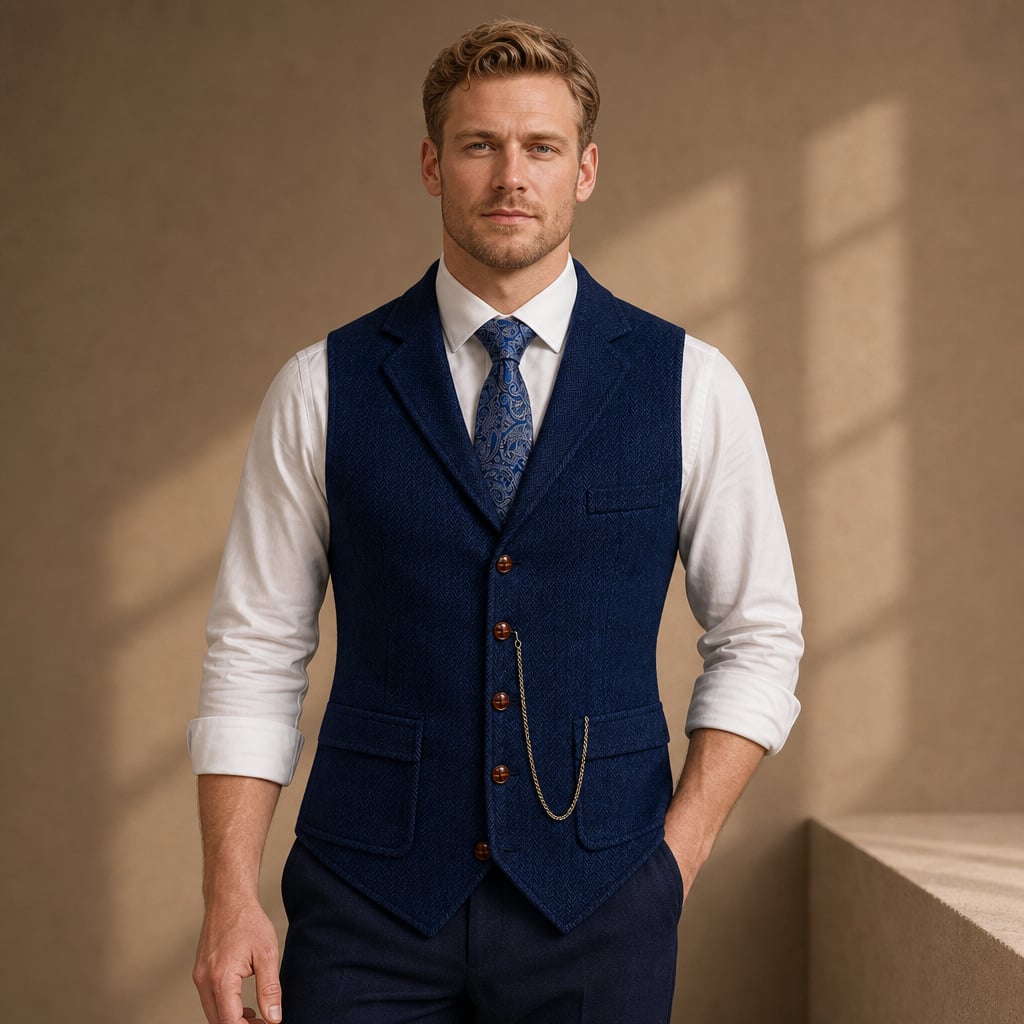 Herringbone Waistcoat Tailored Lapel Chain Detail in Blue – Tarlano Premium Menswear