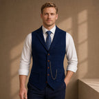 Herringbone Waistcoat Tailored Lapel Chain Detail in Blue – Tarlano Premium Menswear