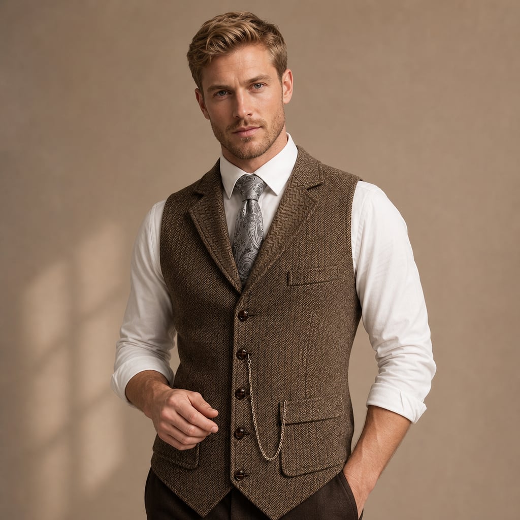Herringbone Waistcoat Tailored Lapel Chain Detail Coffee – Side Angle View