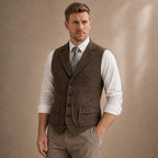 Herringbone Waistcoat Tailored Lapel Chain Detail Coffee – Side Angle View
