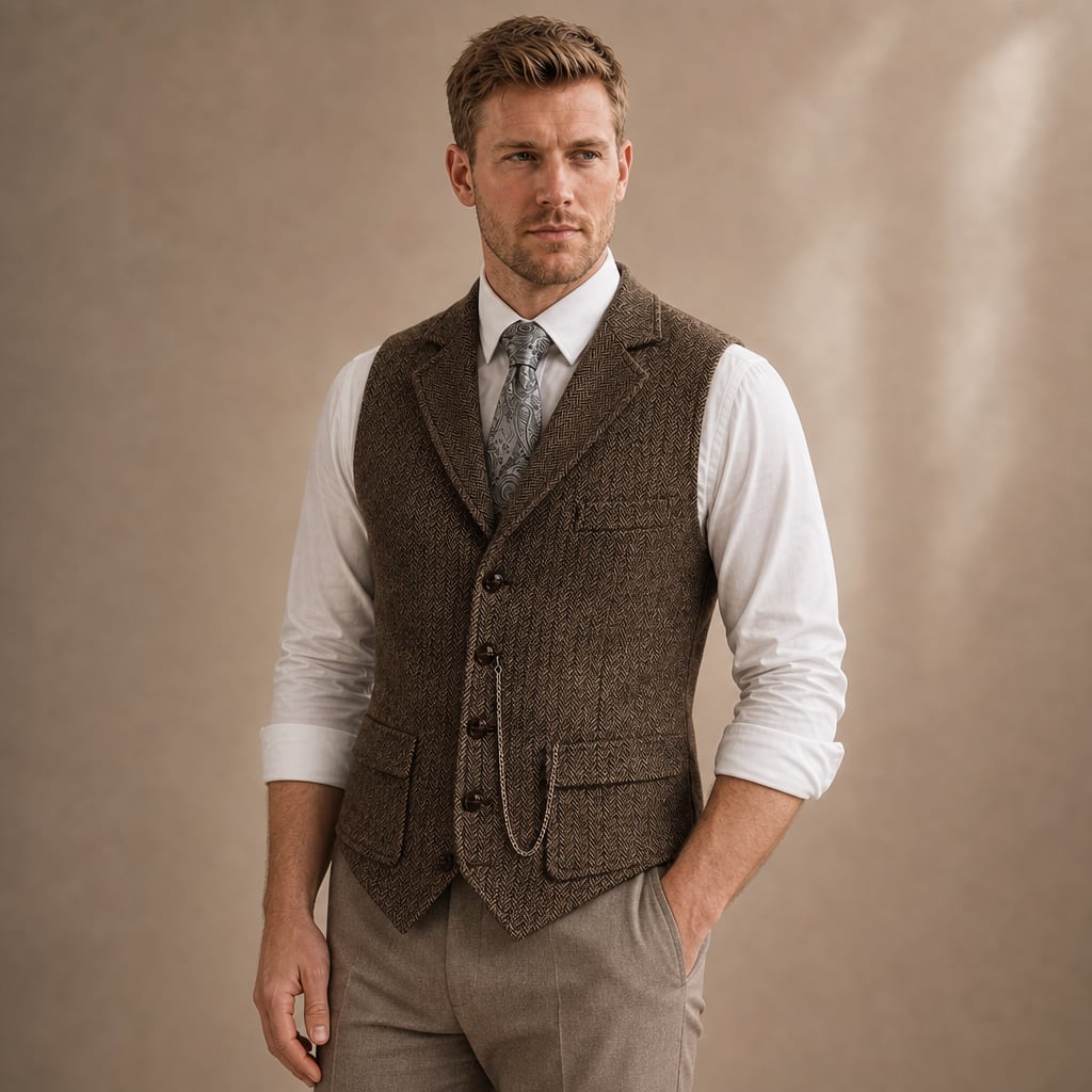 Herringbone Waistcoat Tailored Lapel Chain Detail Coffee – Side Angle View