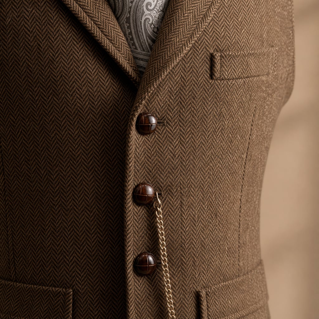 Herringbone Waistcoat Tailored Lapel Chain Detail Coffee – Fabric and Detail Close-Up