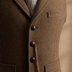 Herringbone Waistcoat Tailored Lapel Chain Detail Coffee – Fabric and Detail Close-Up