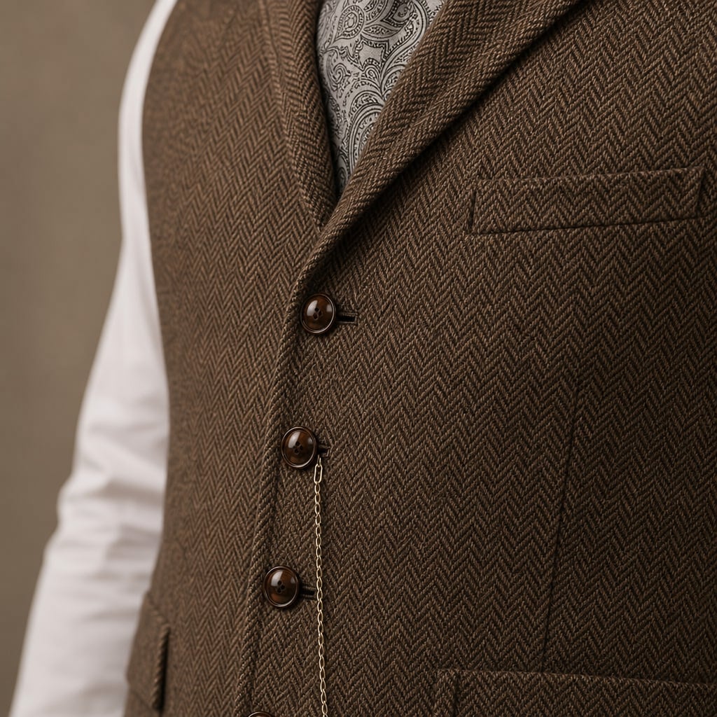 Herringbone Waistcoat Tailored Lapel Chain Detail Coffee – Fabric and Detail Close-Up