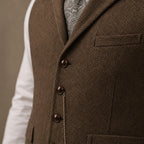 Herringbone Waistcoat Tailored Lapel Chain Detail Coffee – Fabric and Detail Close-Up