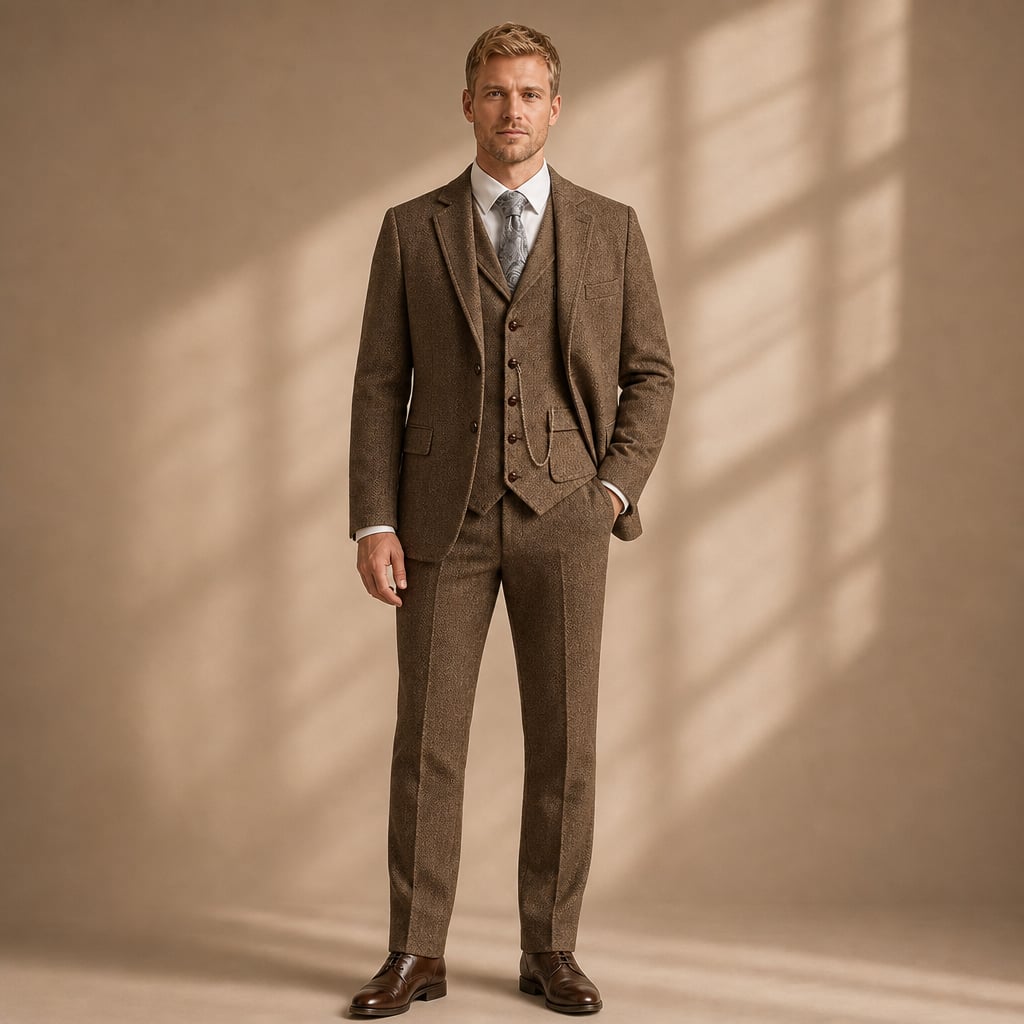 Herringbone Waistcoat Tailored Lapel Chain Detail Coffee – Full Look