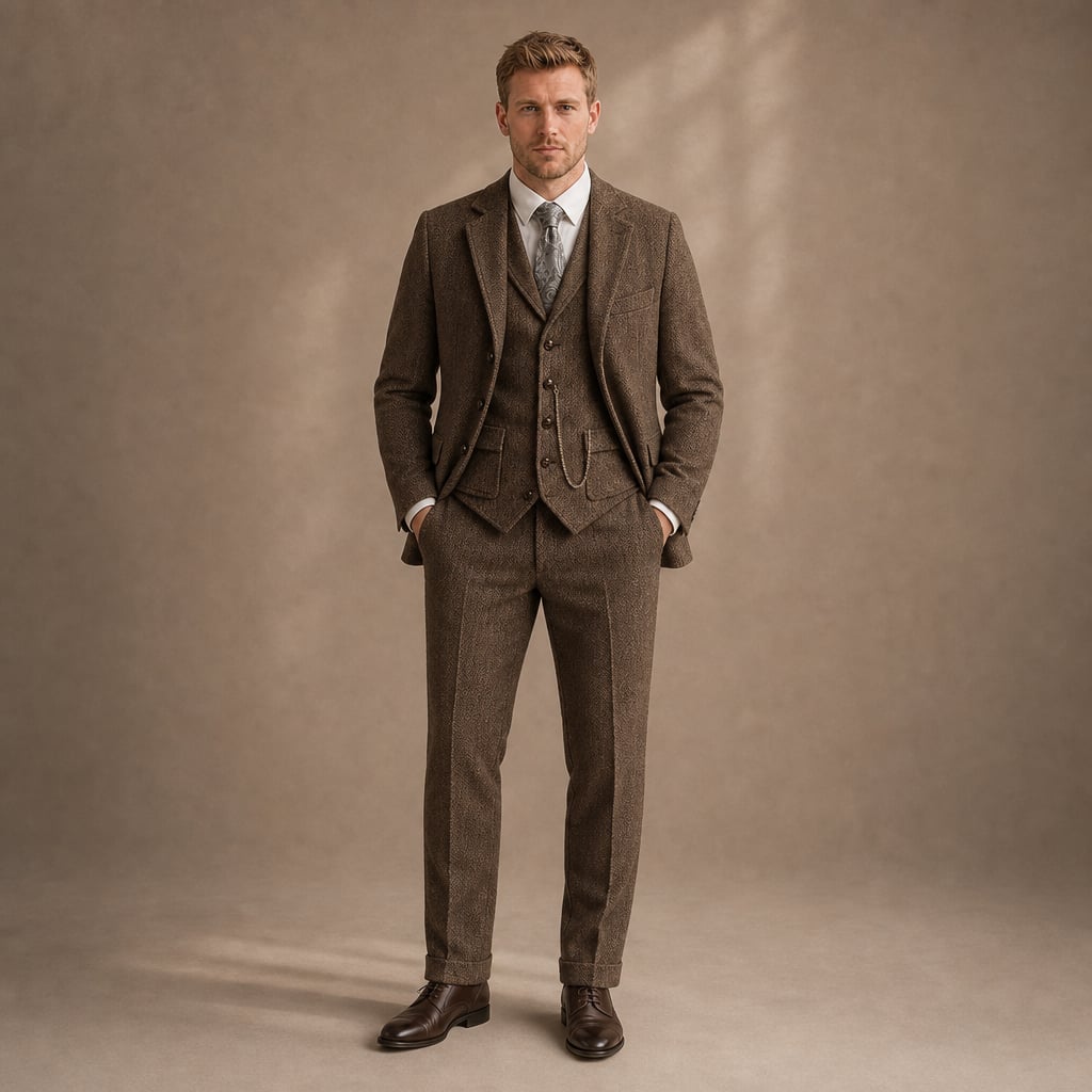 Herringbone Waistcoat Tailored Lapel Chain Detail Coffee – Full Look