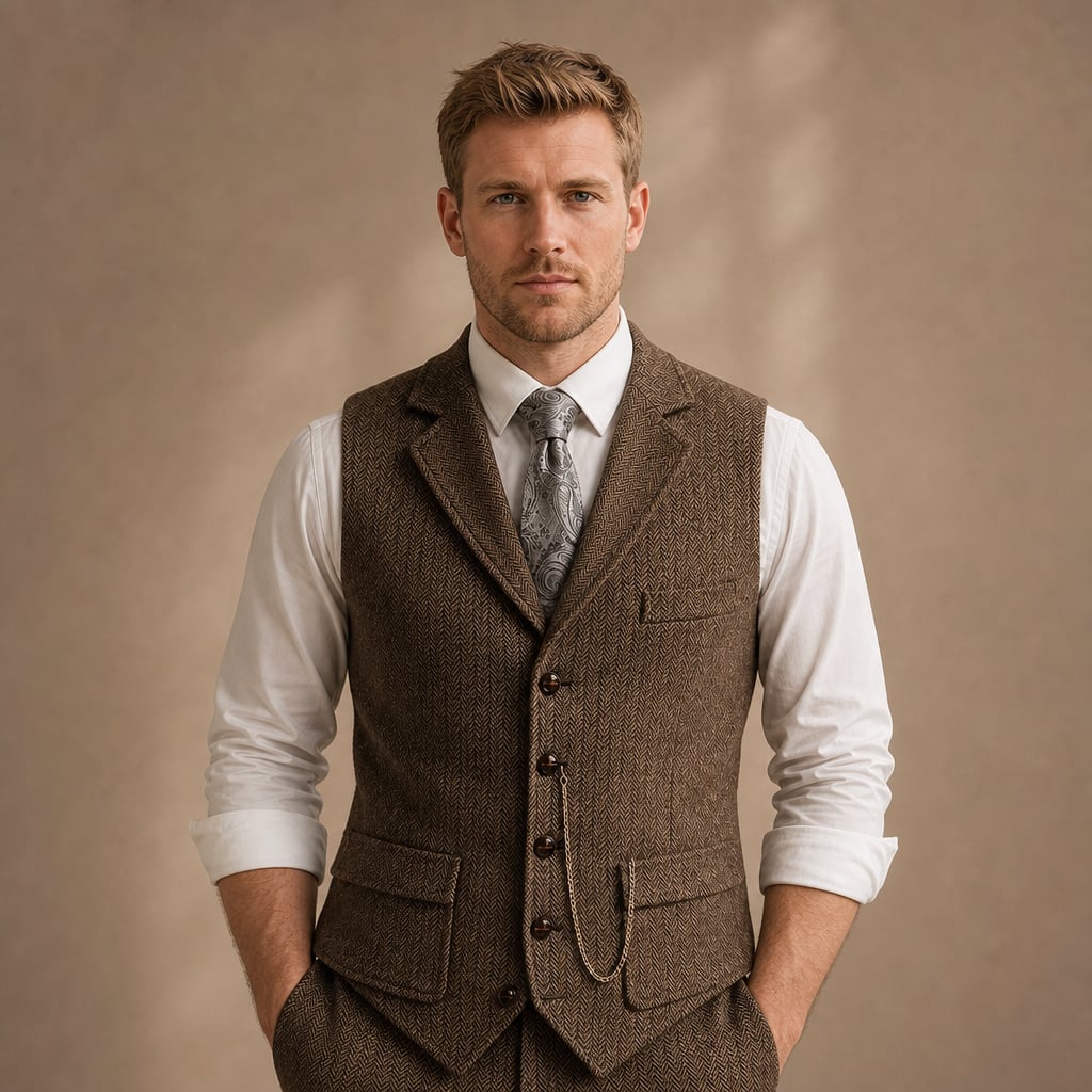 Herringbone Waistcoat Tailored Lapel Chain Detail Coffee – Product Photo