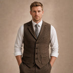 Herringbone Waistcoat Tailored Lapel Chain Detail Coffee – Product Photo