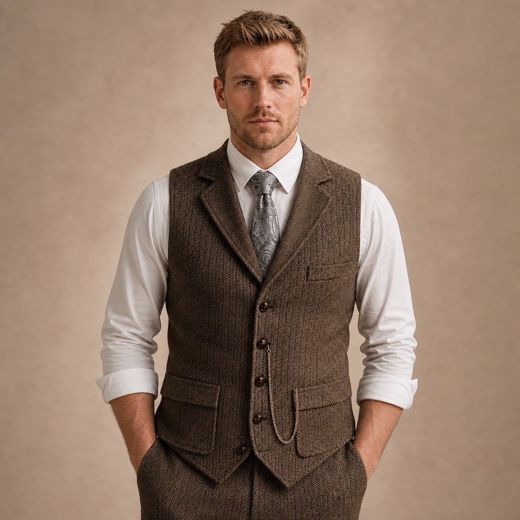 Herringbone Waistcoat Tailored Lapel Chain Detail Coffee – Product Photo