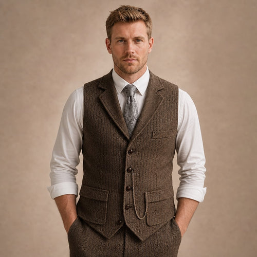 Herringbone Waistcoat Tailored Lapel Chain Detail Coffee – Product Photo