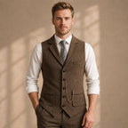 Herringbone Waistcoat Tailored Lapel Chain Detail in Coffee – Tarlano Premium Menswear
