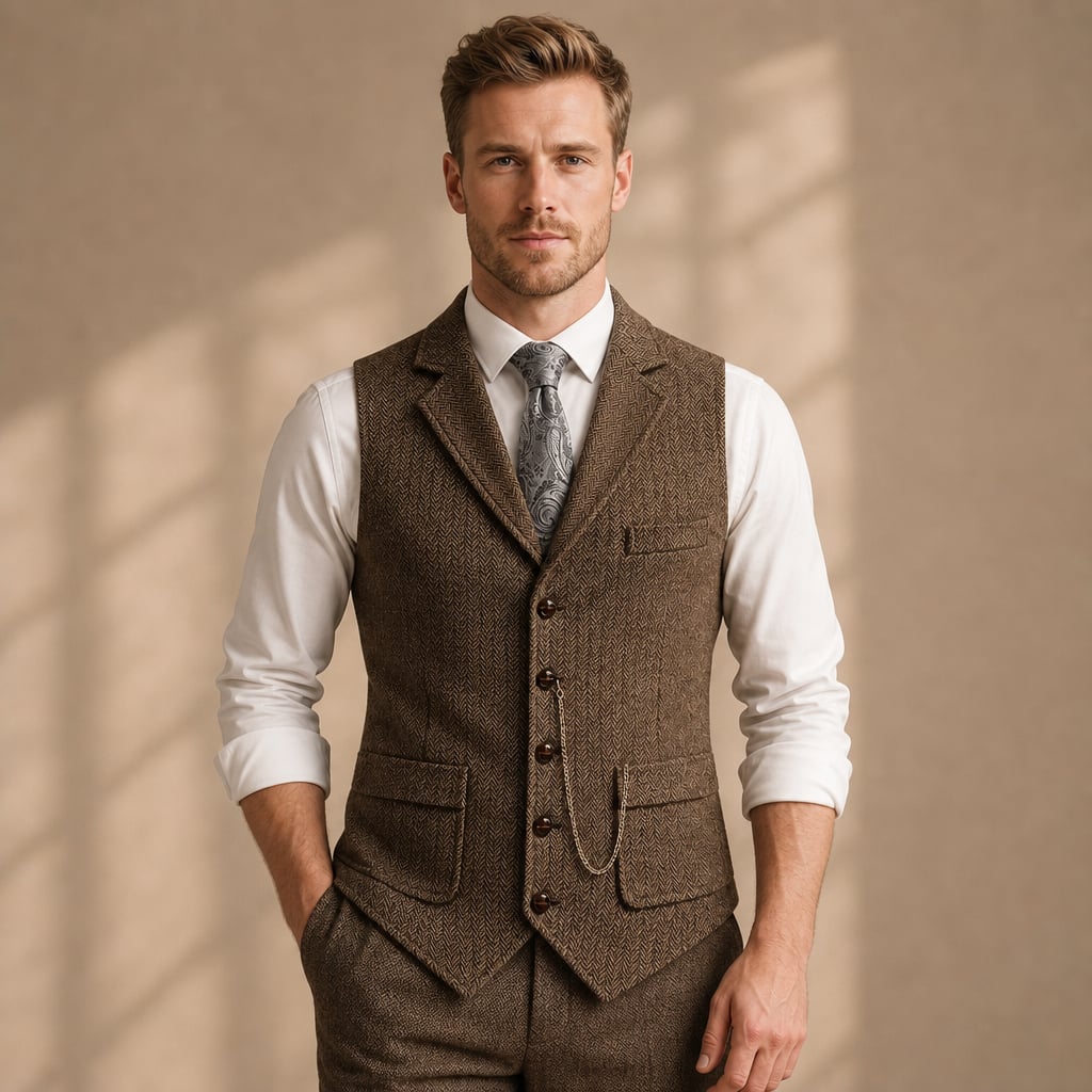 Herringbone Waistcoat Tailored Lapel Chain Detail in Coffee – Tarlano Premium Menswear