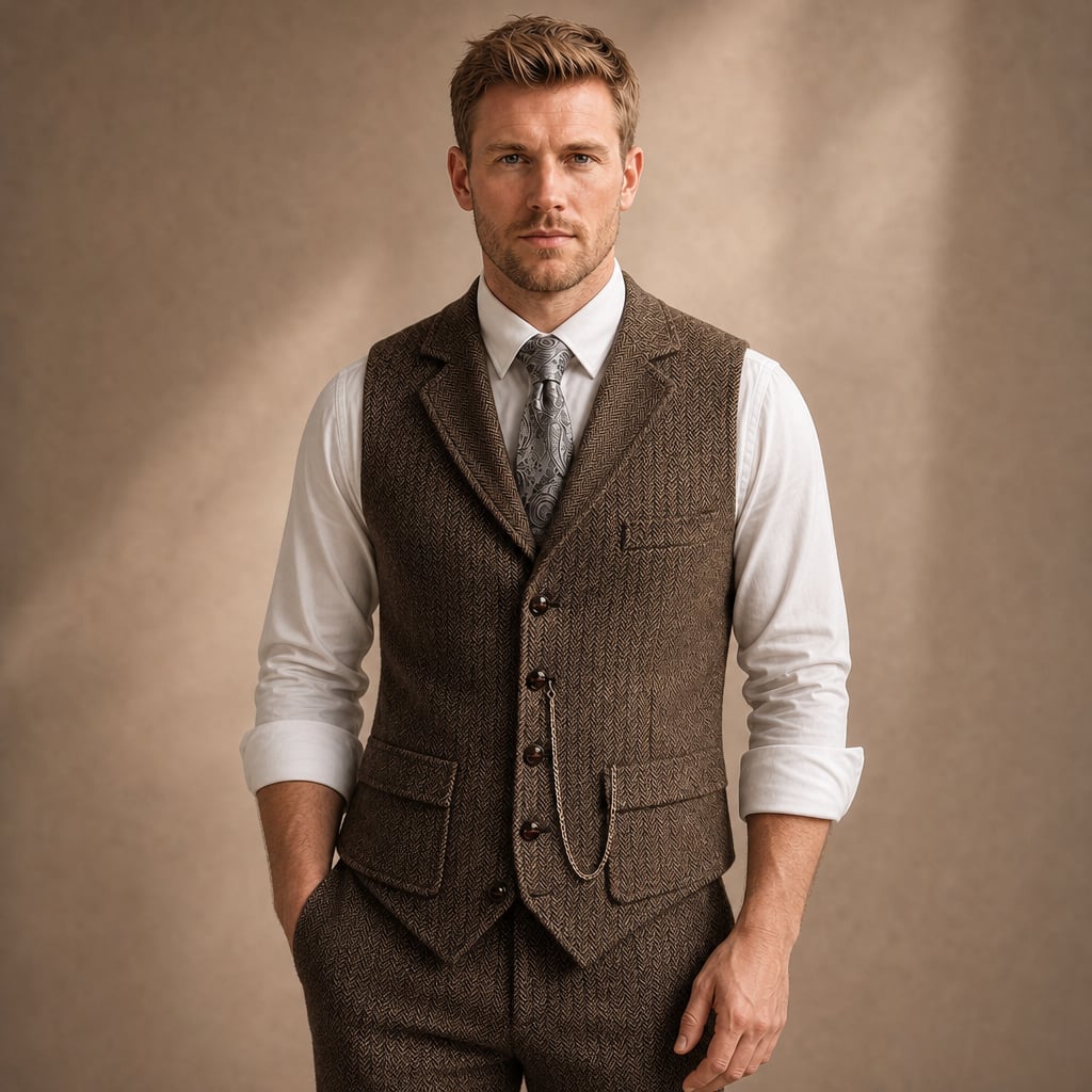 Herringbone Waistcoat Tailored Lapel Chain Detail in Coffee – Tarlano Premium Menswear