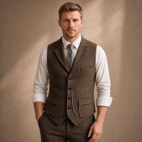 Herringbone Waistcoat Tailored Lapel Chain Detail in Coffee – Tarlano Premium Menswear