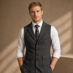 Herringbone Waistcoat Tailored Lapel Chain Detail Dark Gray – Product Photo