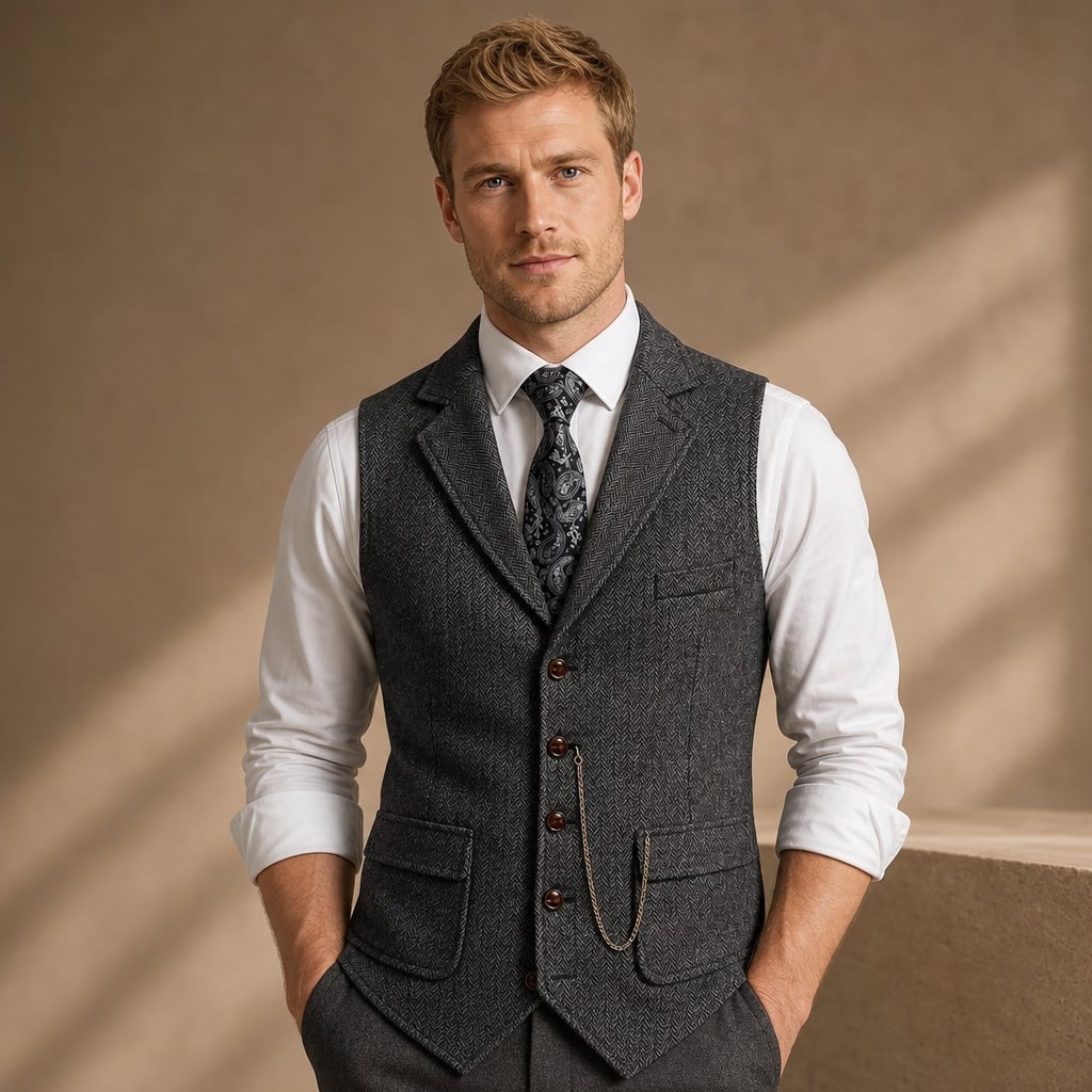 Herringbone Waistcoat Tailored Lapel Chain Detail Dark Gray – Product Photo