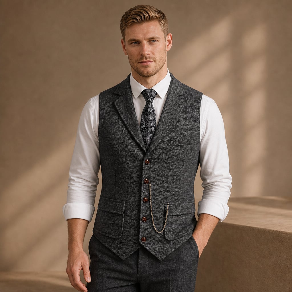 Herringbone Waistcoat Tailored Lapel Chain Detail in Dark Gray – Tarlano Premium Menswear