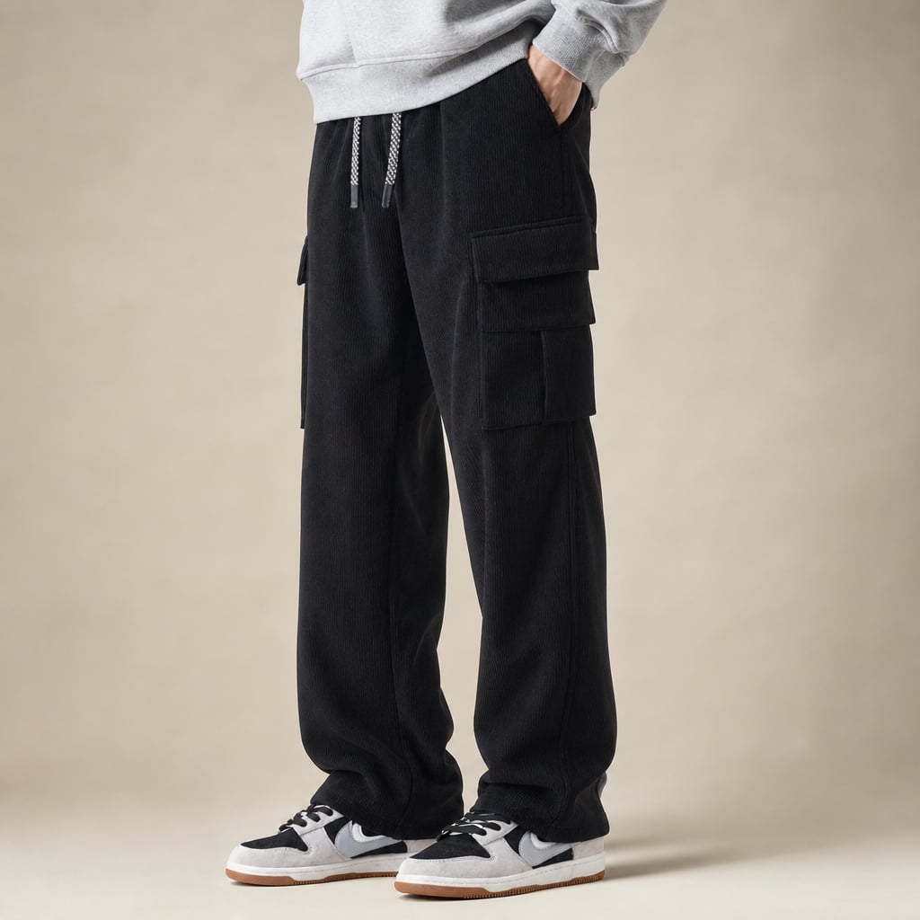 Cargo Pants Stretch Waist Multi-Pocket Black – Side Angle View