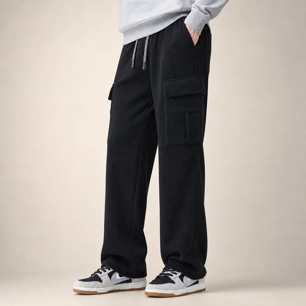 Cargo Pants Stretch Waist Multi-Pocket Black – Side Angle View