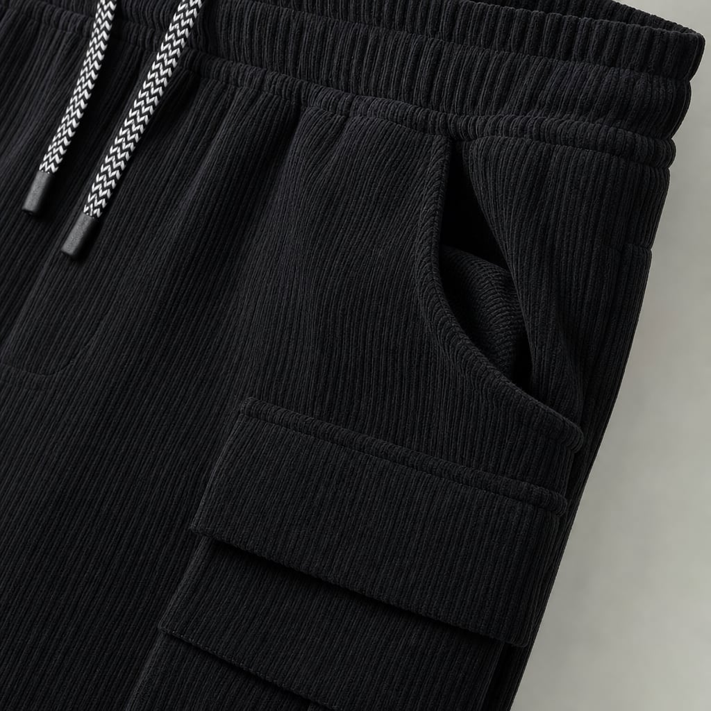 Cargo Pants Stretch Waist Multi-Pocket Black – Fabric and Detail Close-Up