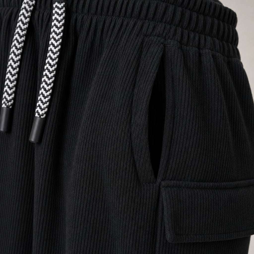 Cargo Pants Stretch Waist Multi-Pocket Black – Fabric and Detail Close-Up