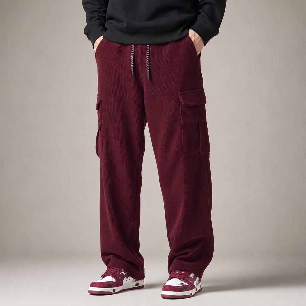 Cargo Pants Stretch Waist Multi-Pocket Burgundy – Product Photo