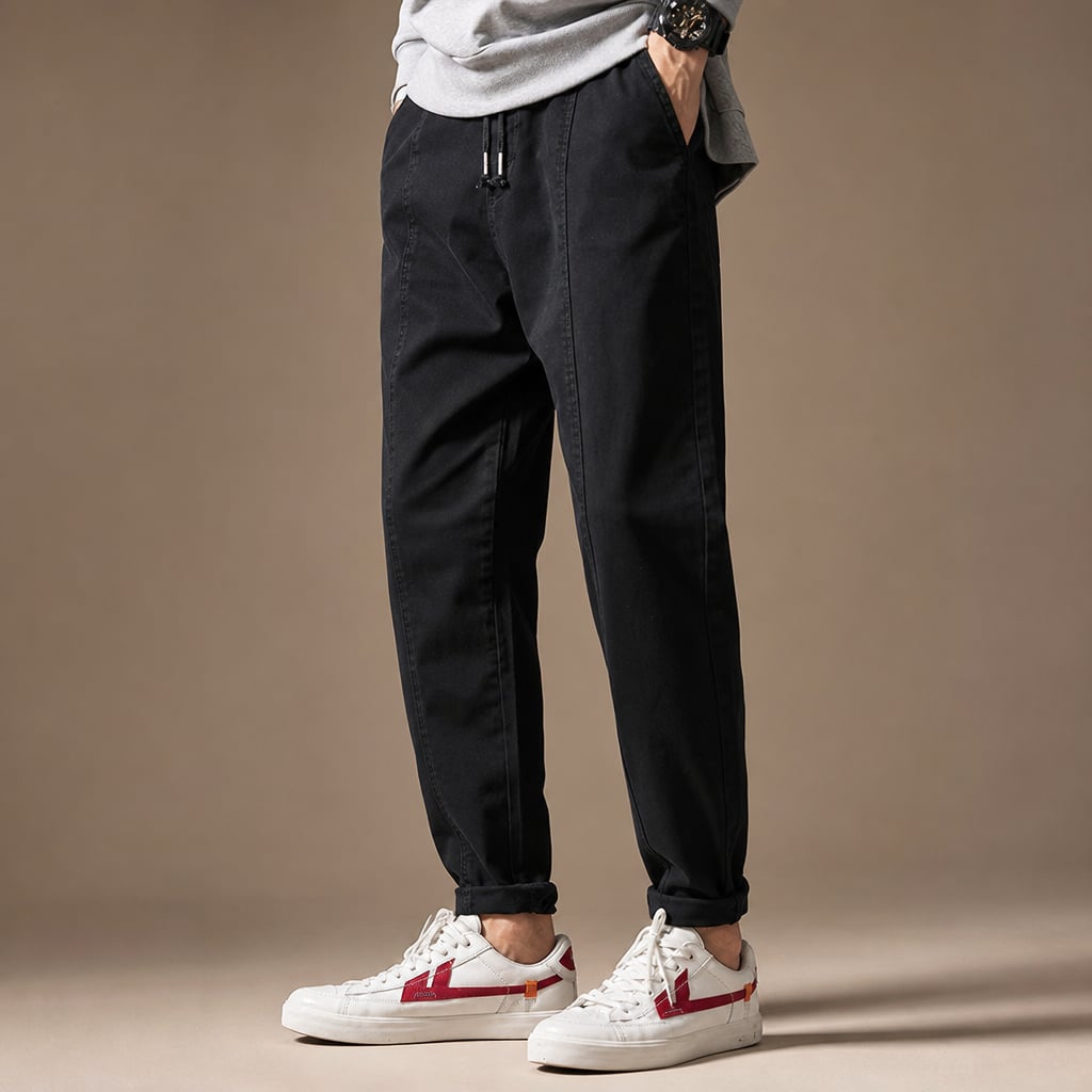 Tapered Cargo Pants Drawstring Waist Relaxed Fit Black – Side Angle View