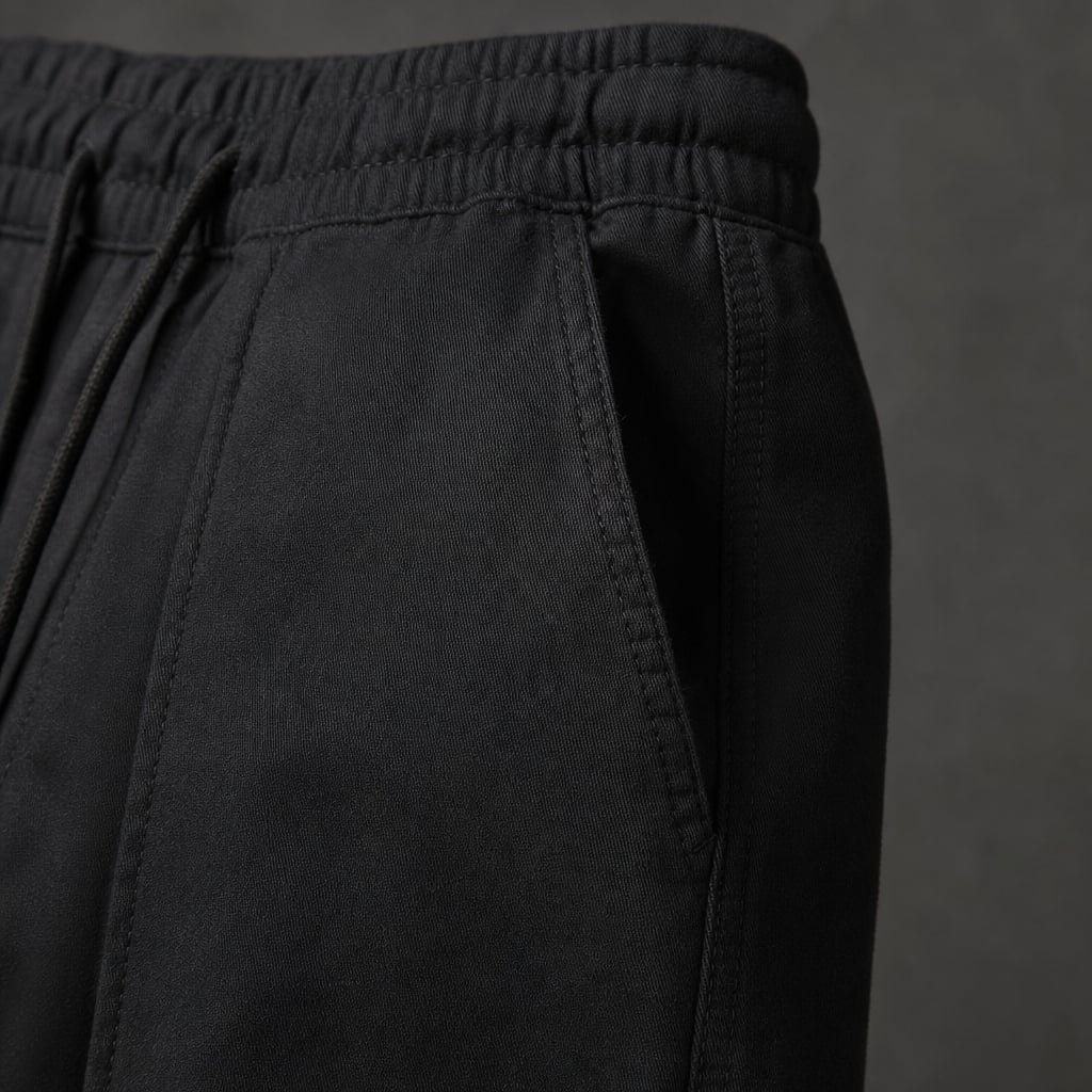 Tapered Cargo Pants Drawstring Waist Relaxed Fit Black – Fabric and Detail Close-Up