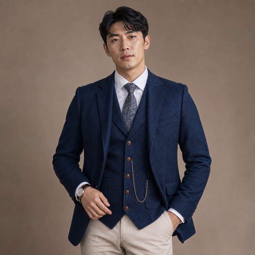 Herringbone Waistcoat Structured Lapel Chain Detail Blue – Product Photo