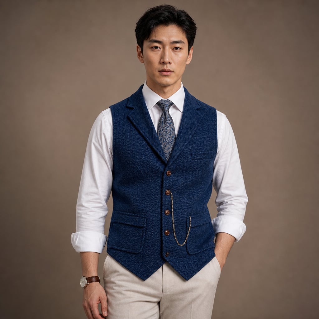 Herringbone Waistcoat Structured Lapel Chain Detail in Blue – Tarlano Premium Menswear