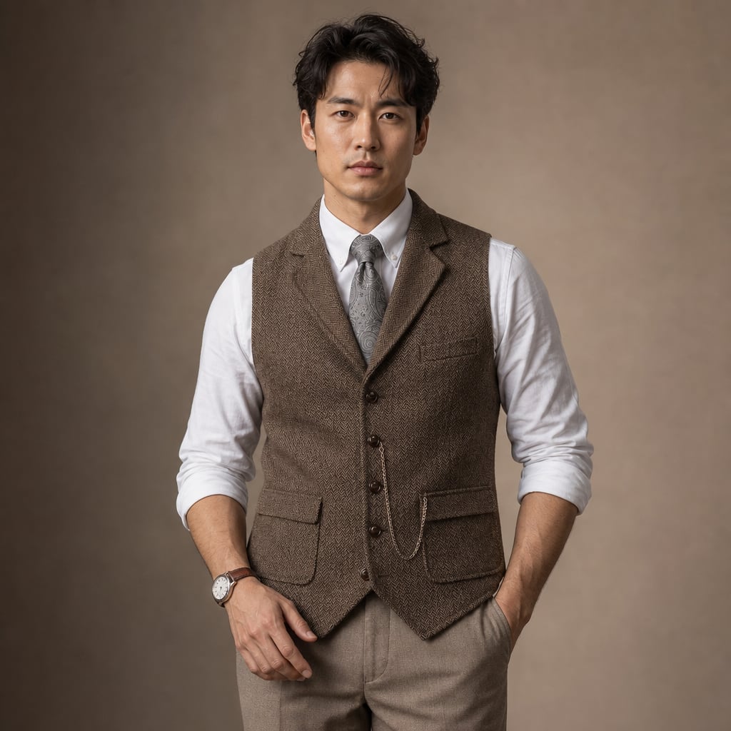Herringbone Waistcoat Structured Lapel Chain Detail Coffee – Side Angle View
