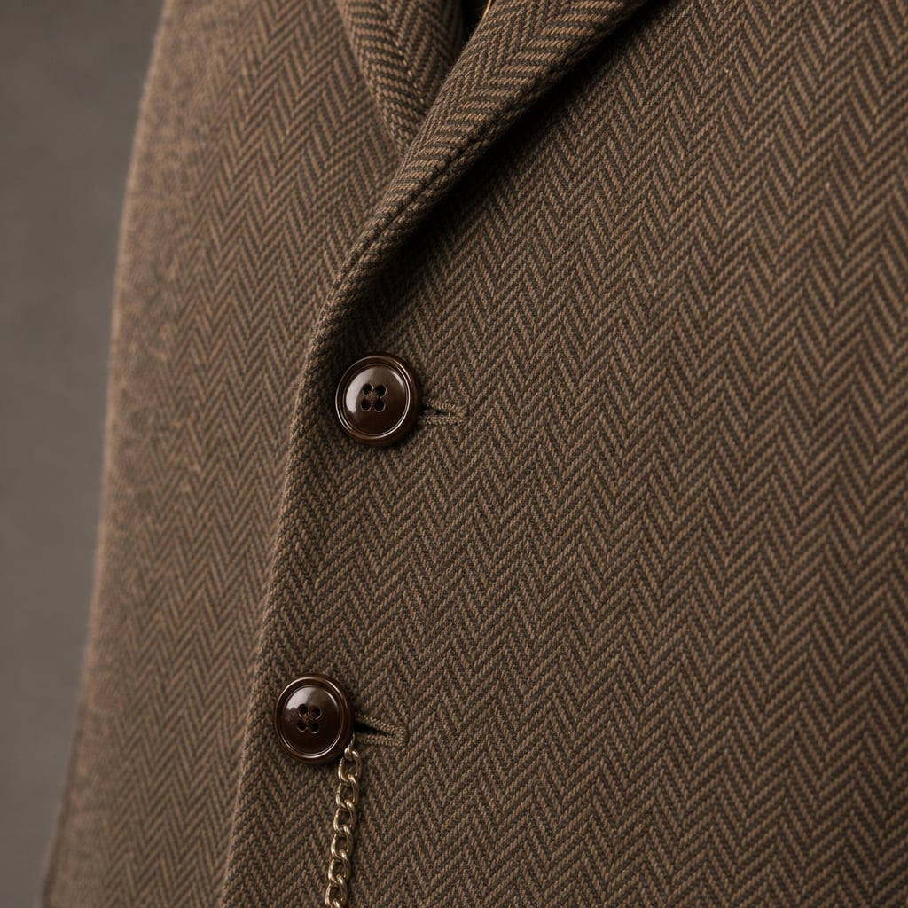Herringbone Waistcoat Structured Lapel Chain Detail Coffee – Fabric and Detail Close-Up