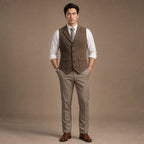 Herringbone Waistcoat Structured Lapel Chain Detail Coffee – Full Look