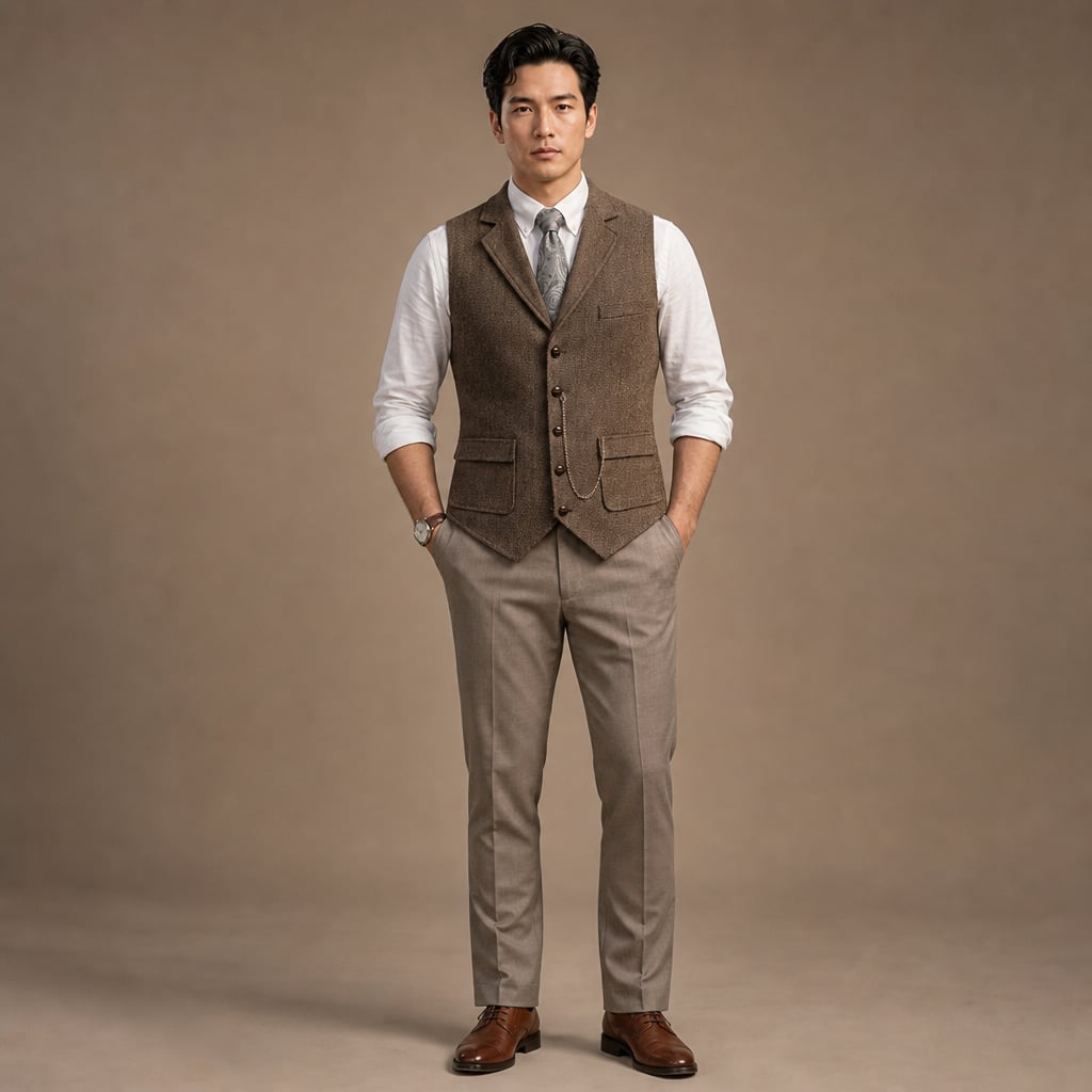 Herringbone Waistcoat Structured Lapel Chain Detail Coffee – Full Look