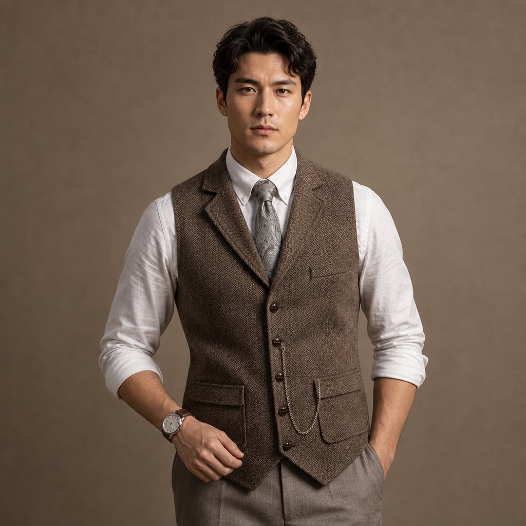 Herringbone Waistcoat Structured Lapel Chain Detail Coffee – Product Photo
