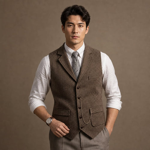 Herringbone Waistcoat Structured Lapel Chain Detail Coffee – Product Photo