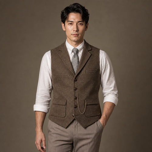 Herringbone Waistcoat Structured Lapel Chain Detail in Coffee – Tarlano Premium Menswear