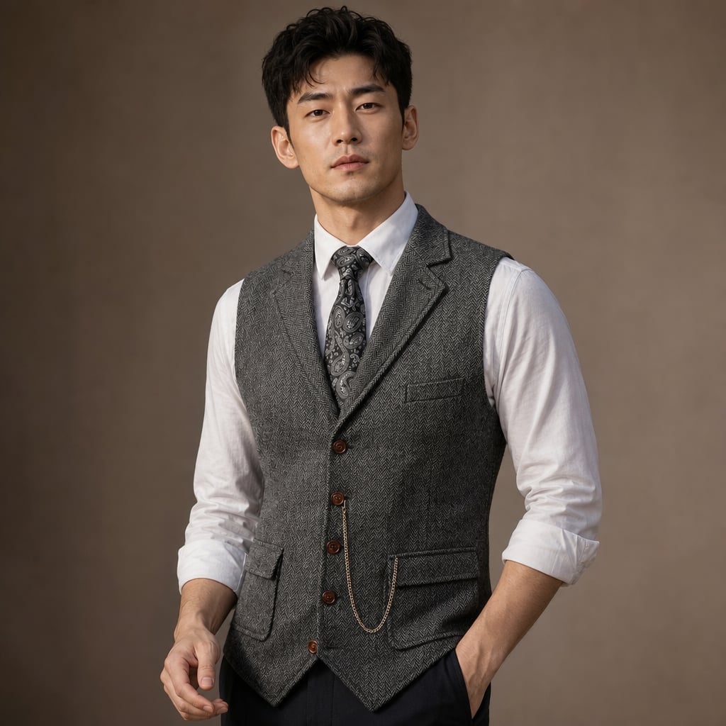 Herringbone Waistcoat Structured Lapel Chain Detail Gray – Product Photo